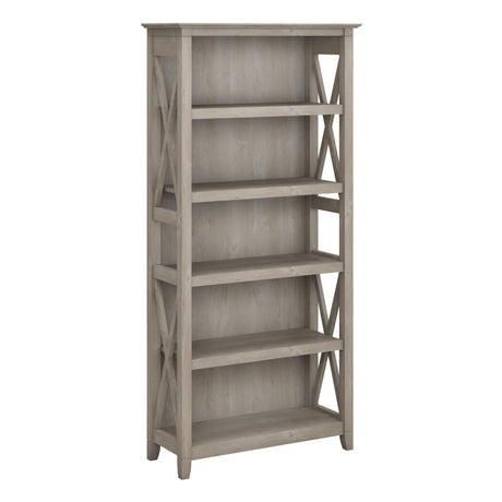 Bush Business Furniture Key West 5-Shelf Bookcase with X Pattern Accents in Washed Gray Bush Business Furniture