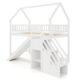 KOMFOTT Wood Twin Over Twin Bunk Bed with Slide & Staircase, Twin House Bunk Bed with Safety Guardrails & Storage, Floor House Bed with Wooden Slat Support for Boys Girls, No Box Spring Needed (White) KOMFOTT