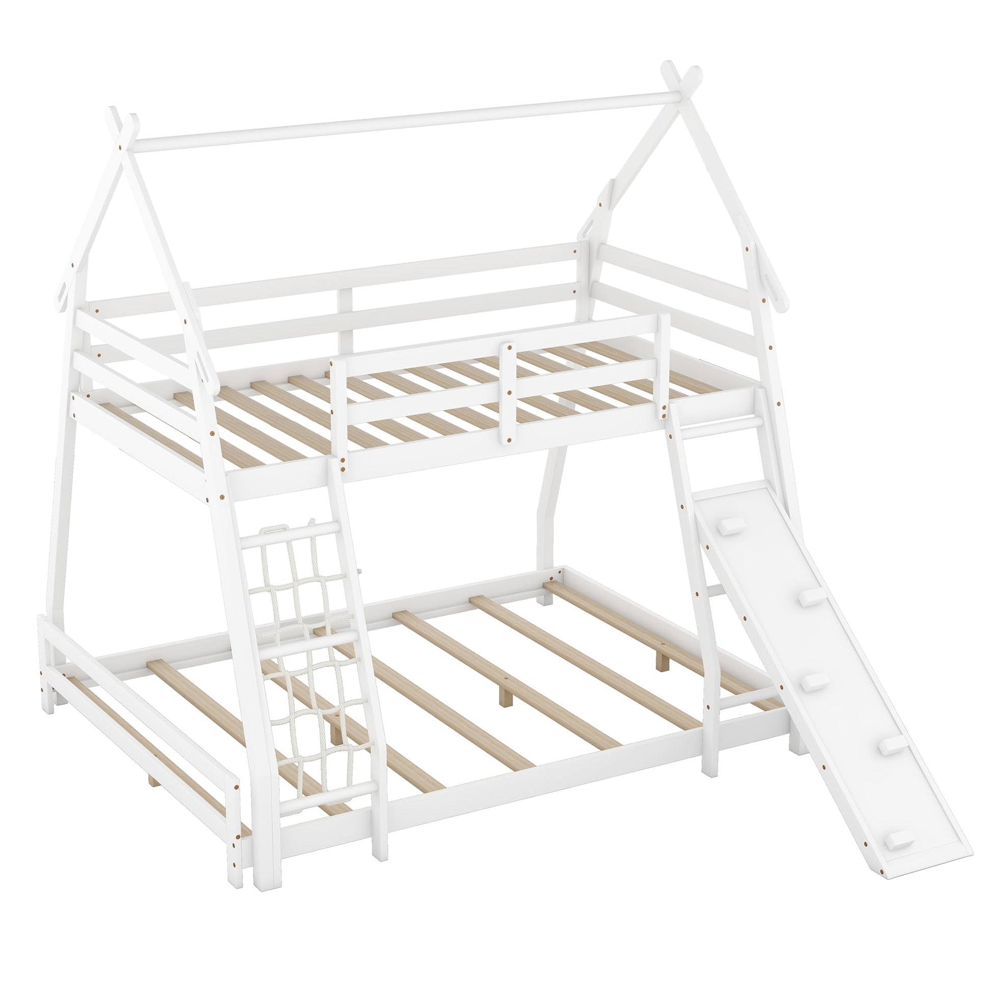 LostCat Low Profile Twin Over Queen Bunk Bed with Climbing Net and Ramp in White - WoodArtSupply