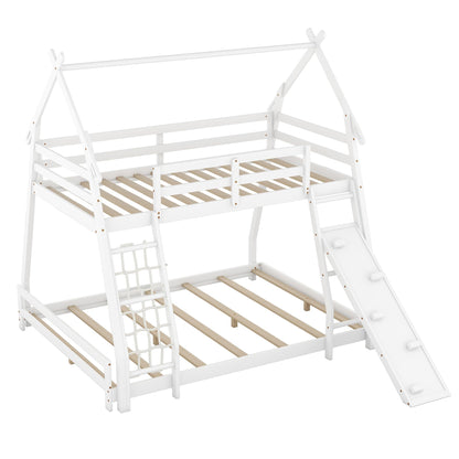 LostCat Low Profile Twin Over Queen Bunk Bed with Climbing Net and Ramp in White - WoodArtSupply