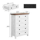 DWVO Farmhouse 5 Drawer Dresser for Bedroom with Power Outlets, Modern Tall Nightstand with Deep Drawers, Wood White Closet Dresser for Living Room, Entryway, Hallway DWVO