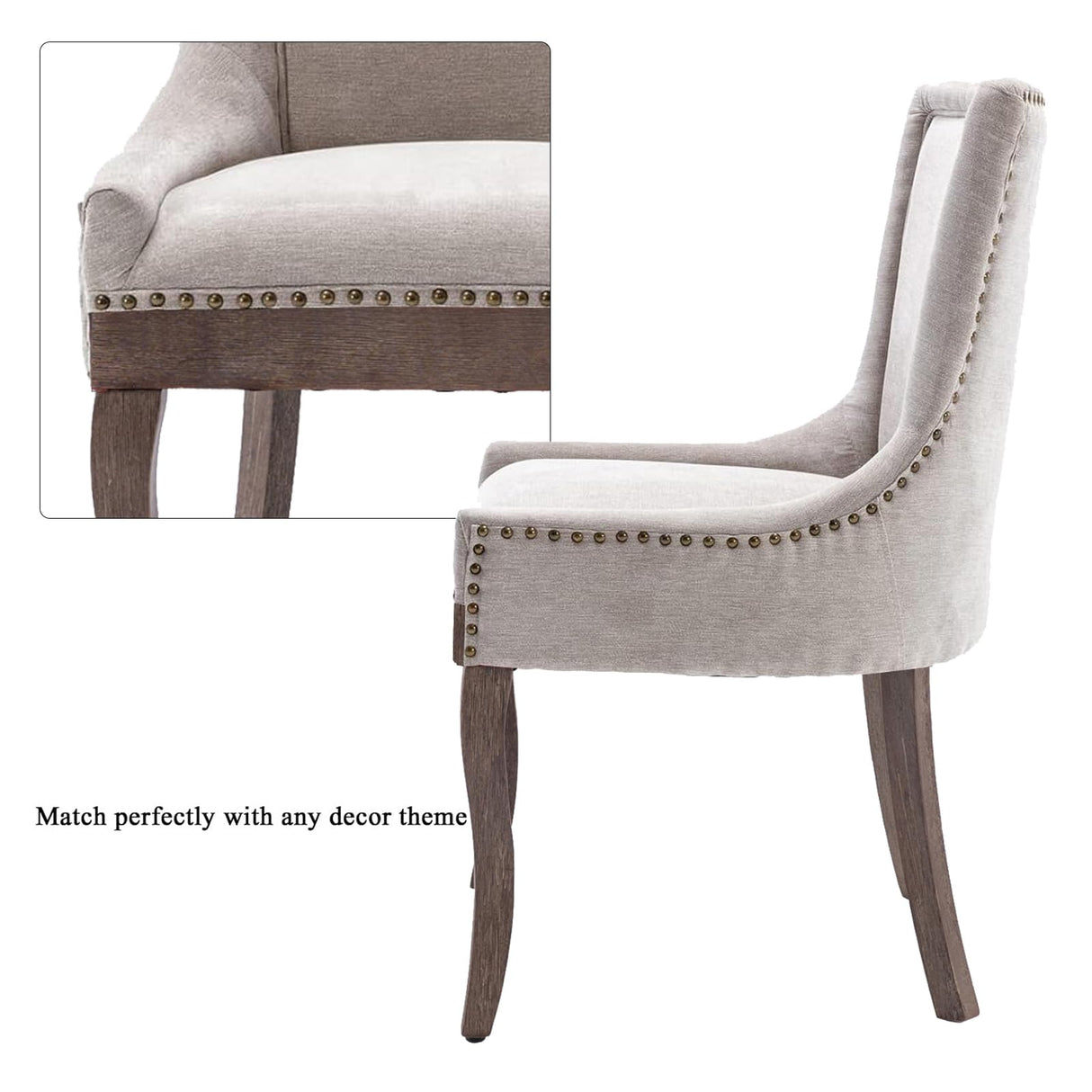 Aoowow Fabric Vintage Upholstered Side Chairs Set of 6, Farmhouse Solid Wood Kitchen Dining Room Chairs with Nailheads Legs (Fabric Beige) Aoowow