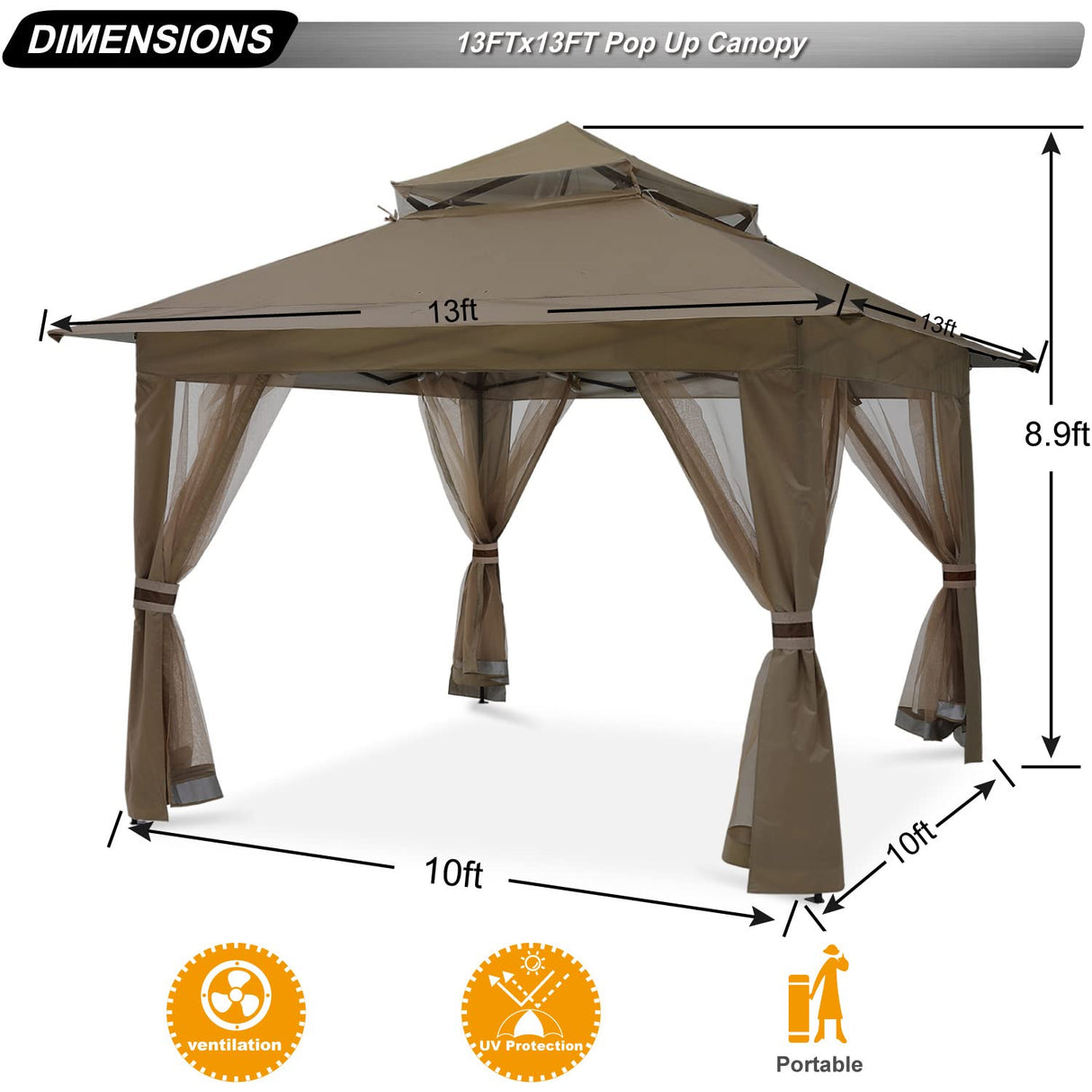 ABCCANOPY Pop Up Gazebo 13x13 - Outdoor Canopy Tent with Mosquito Netting for Patio Garden Backyard (Brown) ABCCANOPY