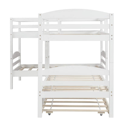 Harper & Bright Designs Quad Bunk Bed with Trundle, L Shaped Bunk Bed for 4 Kids, Wooden Twin Bunk Bed Frame for Kids Teens Adults - White