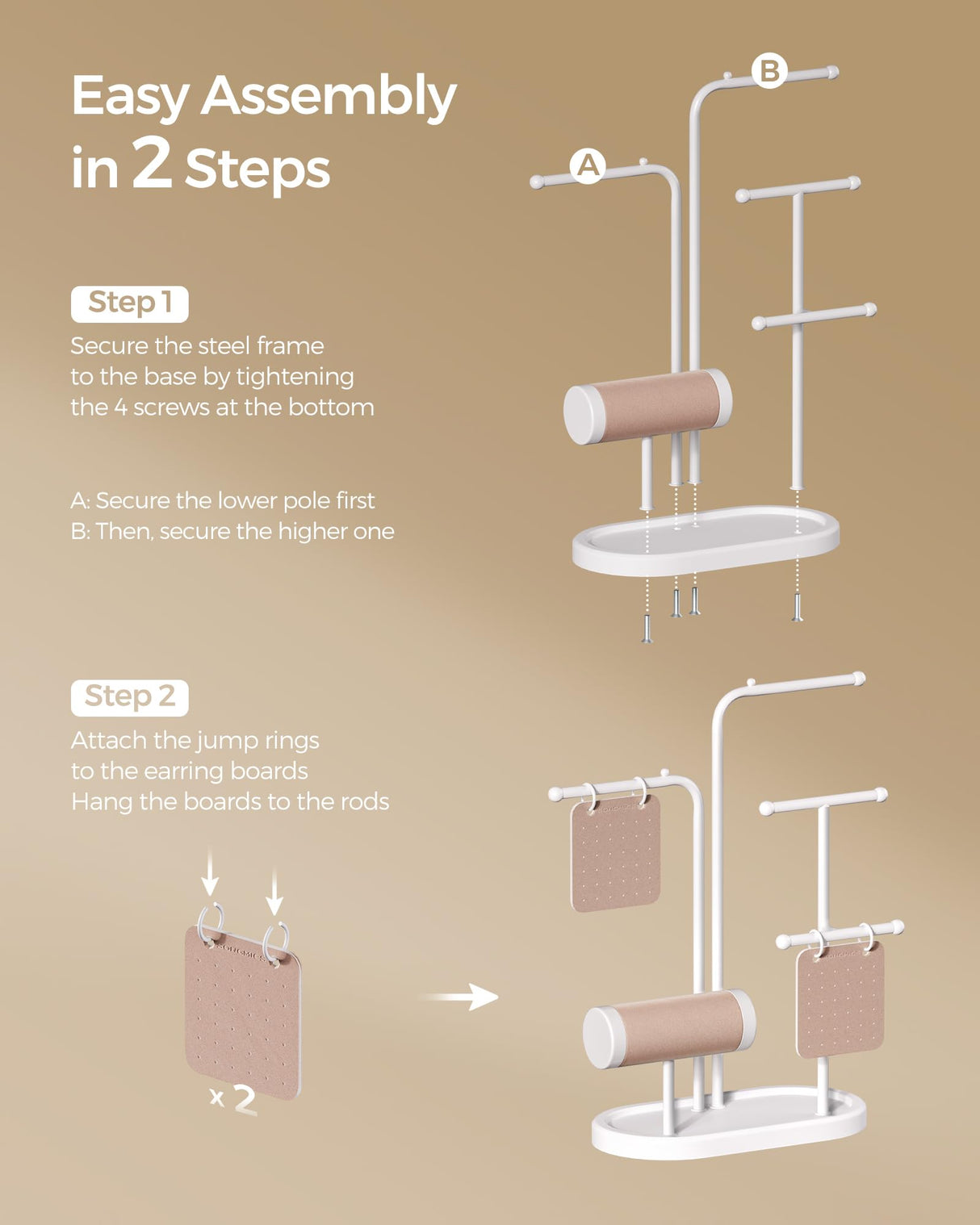 SONGMICS Jewelry Stand, Jewelry Organizer, Jewelry Display Holder with Metal Frame, 2 Earring Boards, 4 Hanging Rods, Necklace Earring Bracelet Holder, for Watches, Cloud White UJJS025W01 SONGMICS