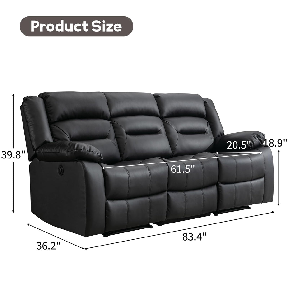 EBELLO Faux Leather Power Electric Reclining Sofa, Overstuffed Comfortable Armrest 3 Seat Recliner Sofa, Couch for Living Room, Bedroom Furniture, Meeting Room, Black (3 Seat Sofa) EBELLO