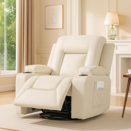 COMHOMA Recliner Chair,PU Rocking Chair for Adults,Swivel Recliner with Cup Holders,Single Sofa Seat with Side Pockets for Living Room,Bedroom(White) COMHOMA