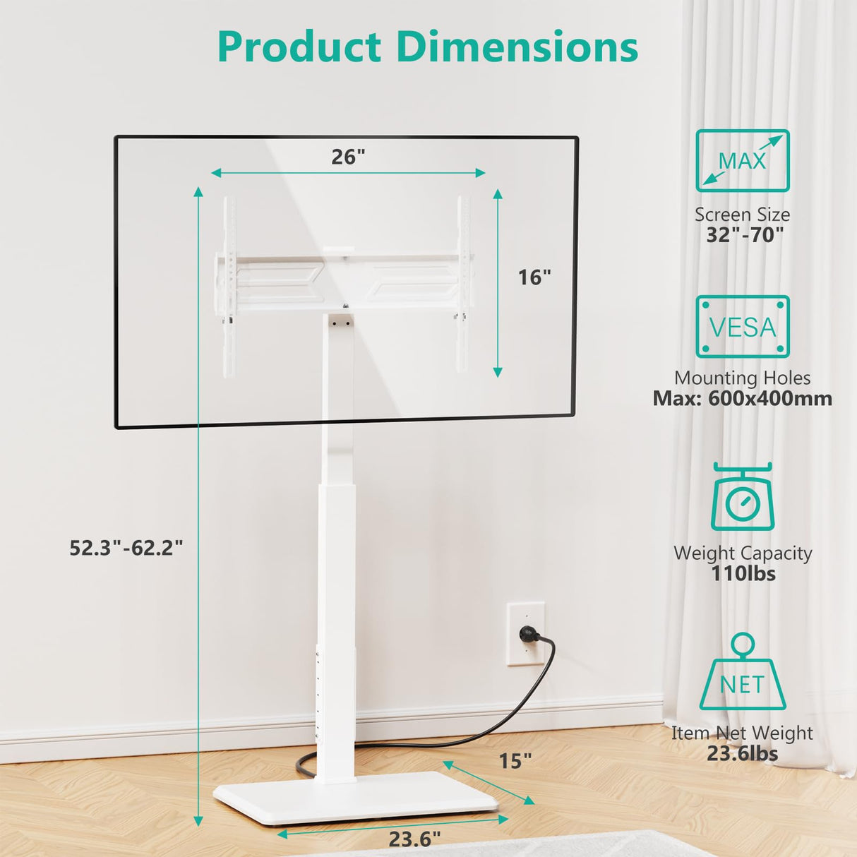WALI Floor TV Stand with Power Outlet, Tall TV Stand Mount for 32-70 inch TVs up to 110 lbs, Swivel and Height Adjustable TV Stands with Wood Base for Bedroom, Office(TVDVD-7PW), White WALI