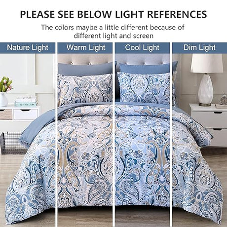Drucon Blue Paisley Comforter Set Queen, 7 Pieces Bed in a Bag Boho Comforter Soft Microfiber Blue Paisley Bedding(1 Comforter, 1 Flat Sheet, 1 Fitted Sheet, 2 Pillow Shams, 2 Pillowcases) Drucon