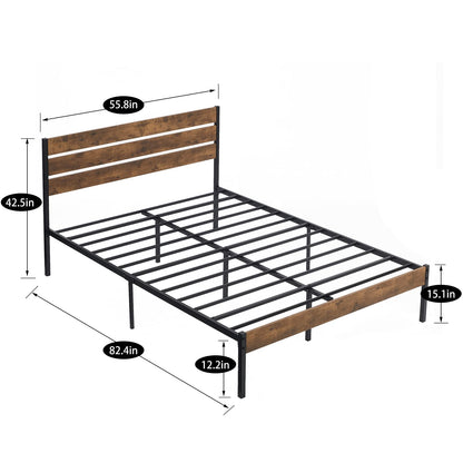 VECELO Platform Full Bed Frame with Rustic Vintage Wood Headboard and Footboard, Mattress Foundation, Strong Metal Slats Support, No Box Spring Needed
