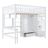 Merax Full Loft Beds Stairway Loft Bed Frame with Wardrobe, Desk, Bookshelf and Drawers, White Merax
