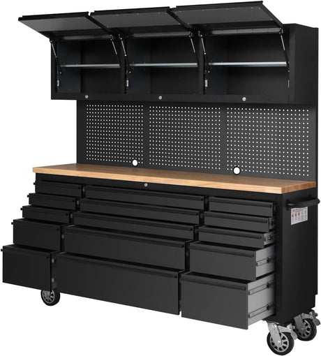 CHETTO 72-inch Tool Chest Rolling Tool Cabinet with 15 Storage Drawers 4 Wheels 3 Upper Cabinet SS-Pegboard Workbench Black CHETTO C