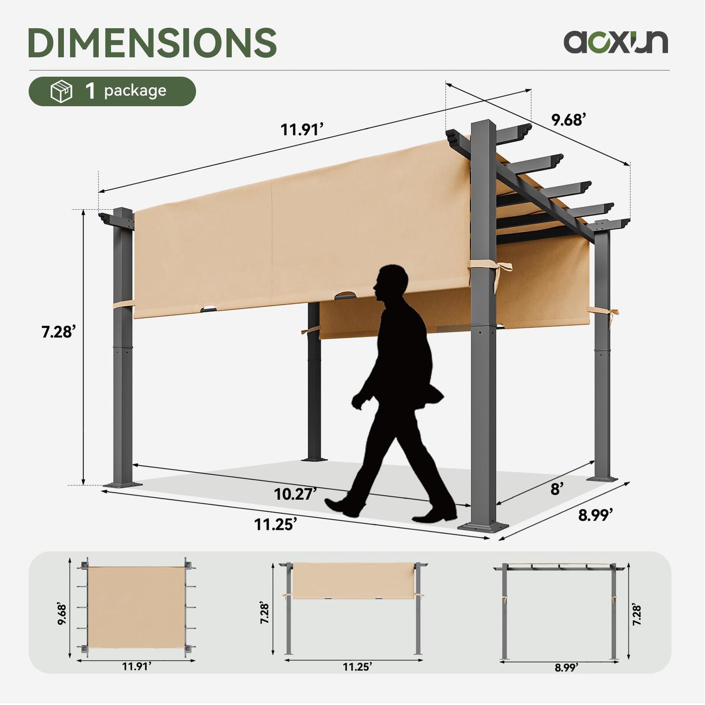 Aoxun 10'x12' Outdoor Retractable Pergola, Heavy-Duty Aluminum Pergola Patio, Modern Pergola with Retractable Sun Shade Canopy for Garden, Decks, and Backyards