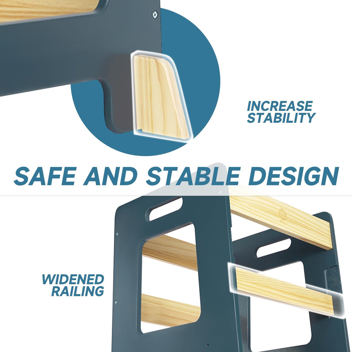 WOOD CITY Kitchen Step Stool - Safe Montessori Standing Tower for Kids with Safety Rail, Height Adjustable Toddler Ideal Helper for Learning New Skills, Anti-Slip Protection for Bathroom - Deep Blue WOOD CITY