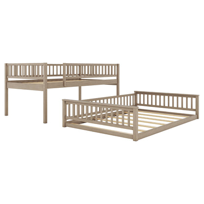 Full XL Over Queen Solid Wood Bunk Bed with Ladder and Guardrails in Walnut Finish - WoodArtSupply