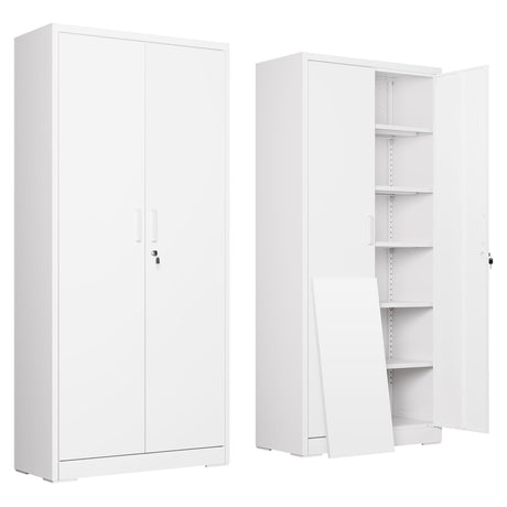 DEVAISE Garage Storage Cabinet, Metal Storage Cabinet with 2 Doors and 5 Adjustable Shelves, 71'' Lockable Steel File Cabinet, White Storage Cabinet for Home, Office, Garage, Shool, Gym DEVAISE