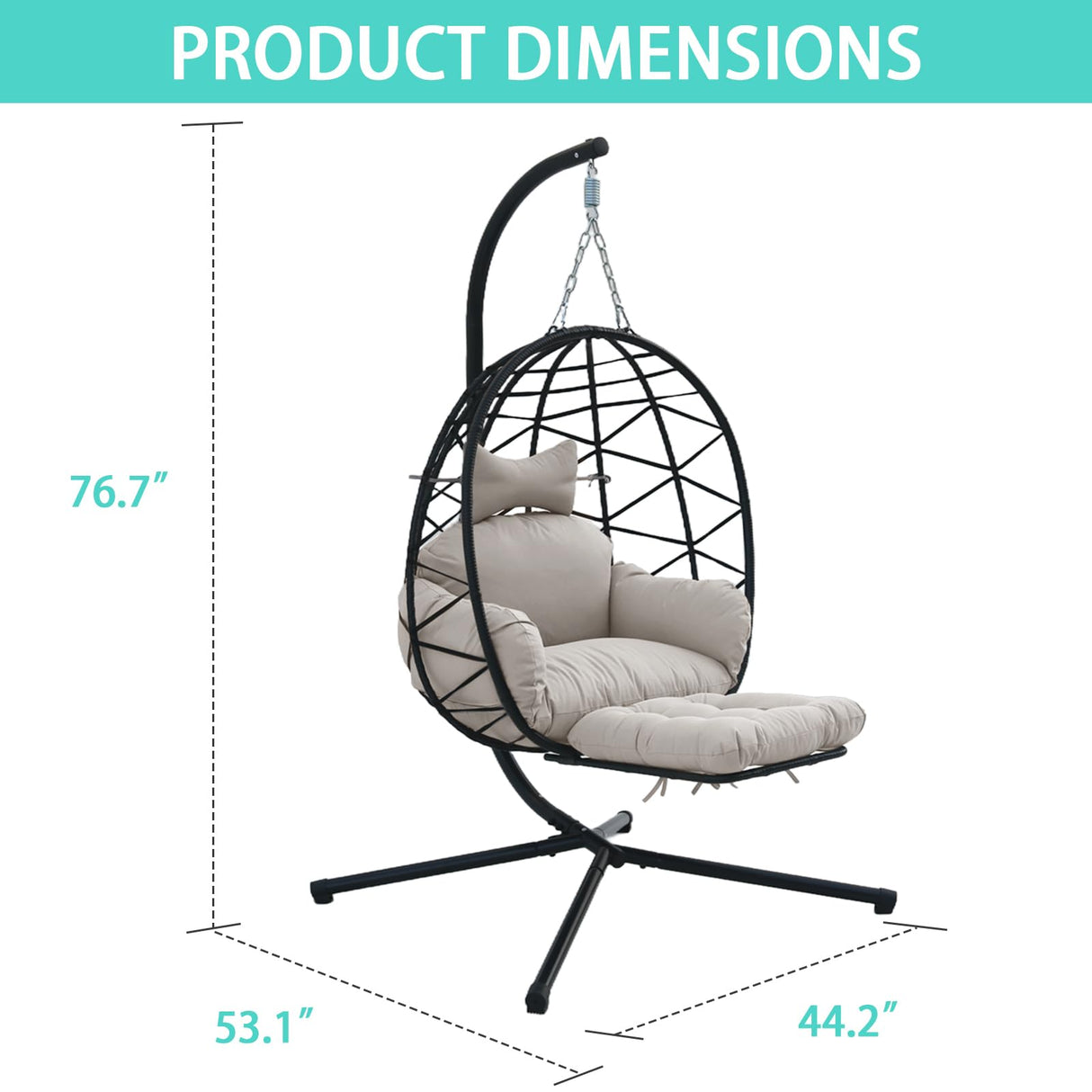 Jadoxy Hanging Egg Chair with Leg Rest, Indoor/Outdoor Swing Egg Chair Hammock Basket Seat Chair with Cushion for Porch Balcony Garden Patio (Ribbon+Rattan, Black+Grey White) Jadoxy