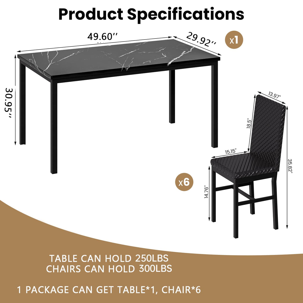 Recaceik Dining Table Set for 6, Faux Marble 7 Piece Dining Table Set with Chairs, Kitchen Table Set with PU Leather Dining Chairs for Small Space & Breakfast Nook, Black Recaceik