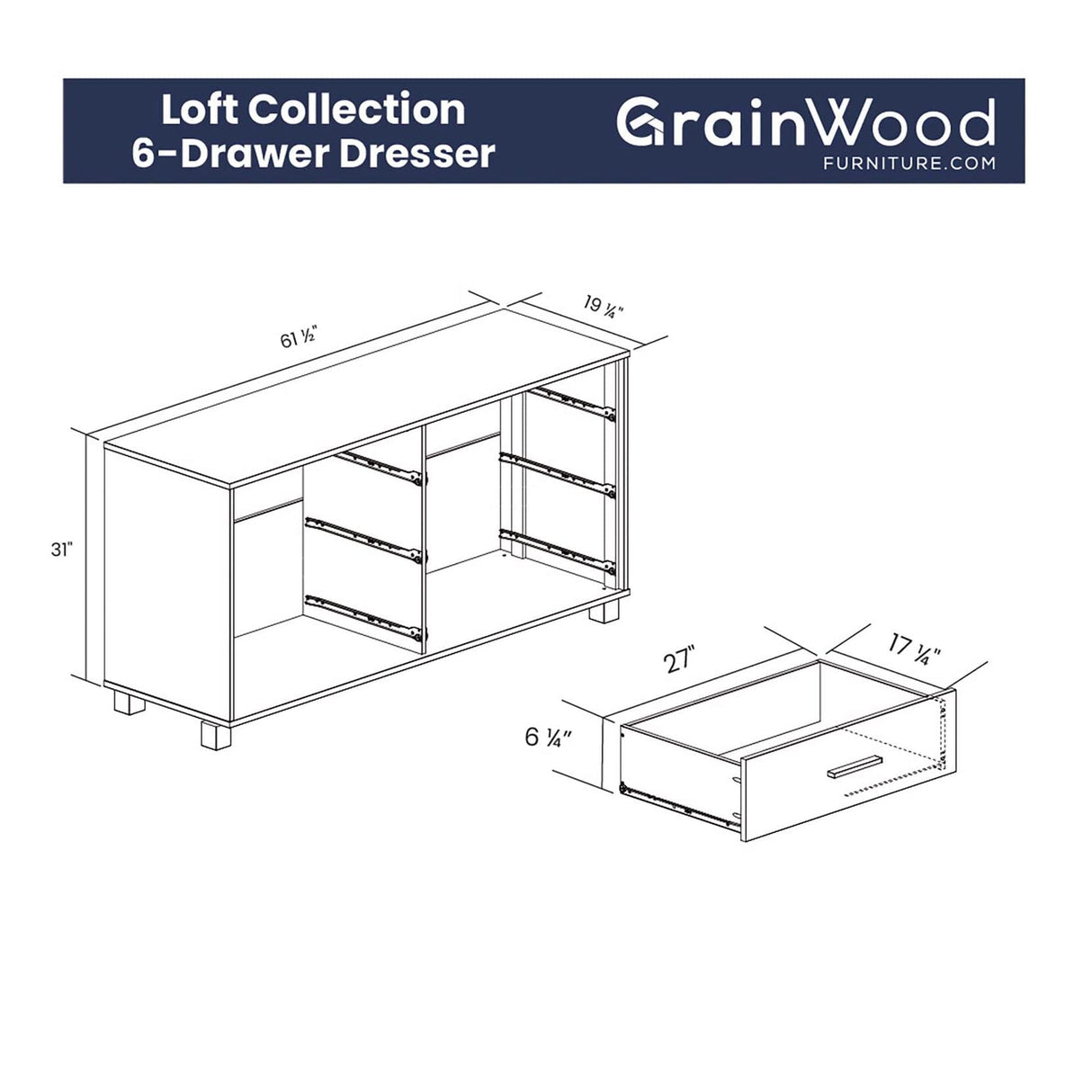 Grain Wood Furniture Loft 6-Drawer Dresser, Solid Wood with Acacia Finish Grain Wood Furniture