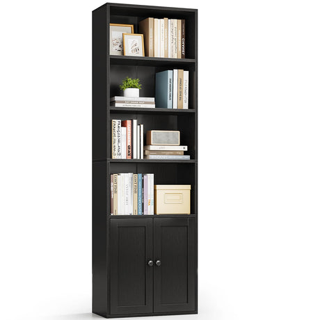 Casaottima Bookshelf and Bookcase with Doors, Floor Standing 6-Tier Shelf Display Storage Shelves, Tall Bookcases for Home Office, Living Room, Black Casaottima