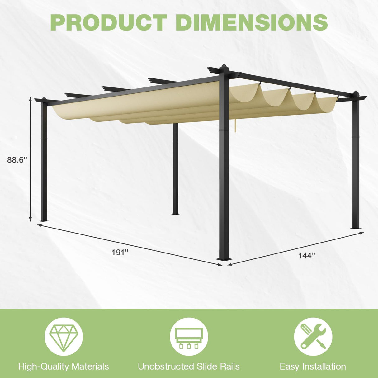 EBE 12'x16' Outdoor Pergola, Metal Patio Pergolas, Heavy Duty Retractable Awning Pergola Sun Shade Canopy for Decks, Gardens and Backyards, Beige EBE