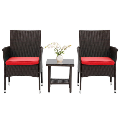 PayLessHere Set of 3 Outdoor Furniture Set Patio Furniture Set Brown Conversation Set with 2 Rattan Chairs Glass Coffee Table for Coffee Bar Poolside Patio Outdoor, Red Cushions PayLessHere