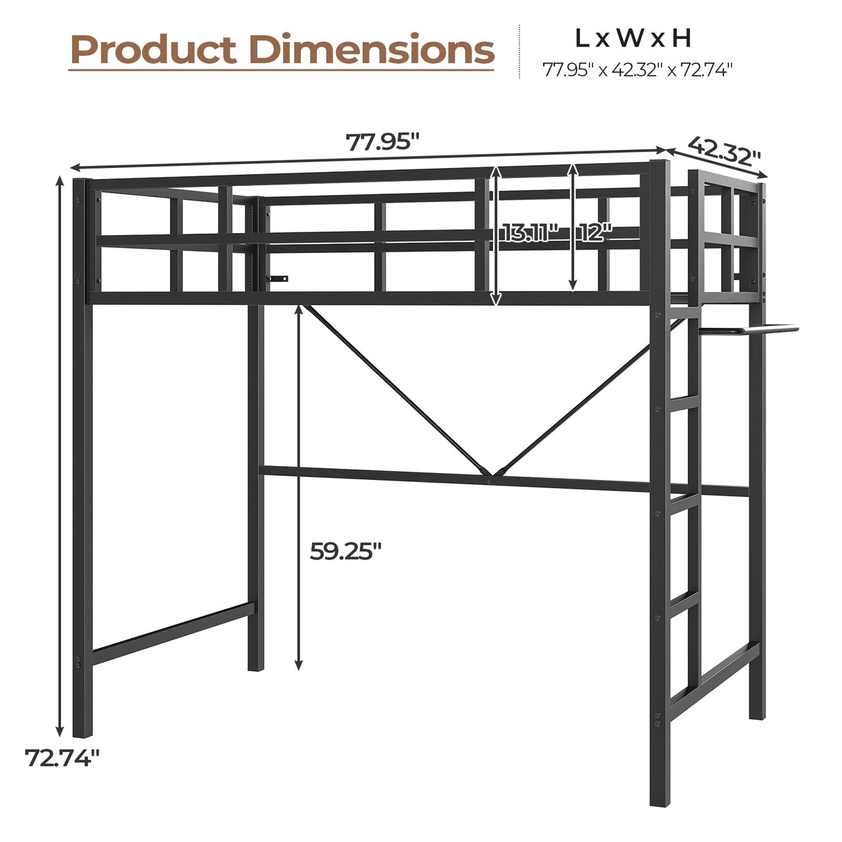 DICTAC Loft Bed Twin Size with Led Lights Metal Twin Loft Bed with Full-Length Guardrail and Ladder for Junior, Heavy Duty Metal Sltas Support,Noise-Free, Space-Saving, No Box Spring Needed, Black DICTAC