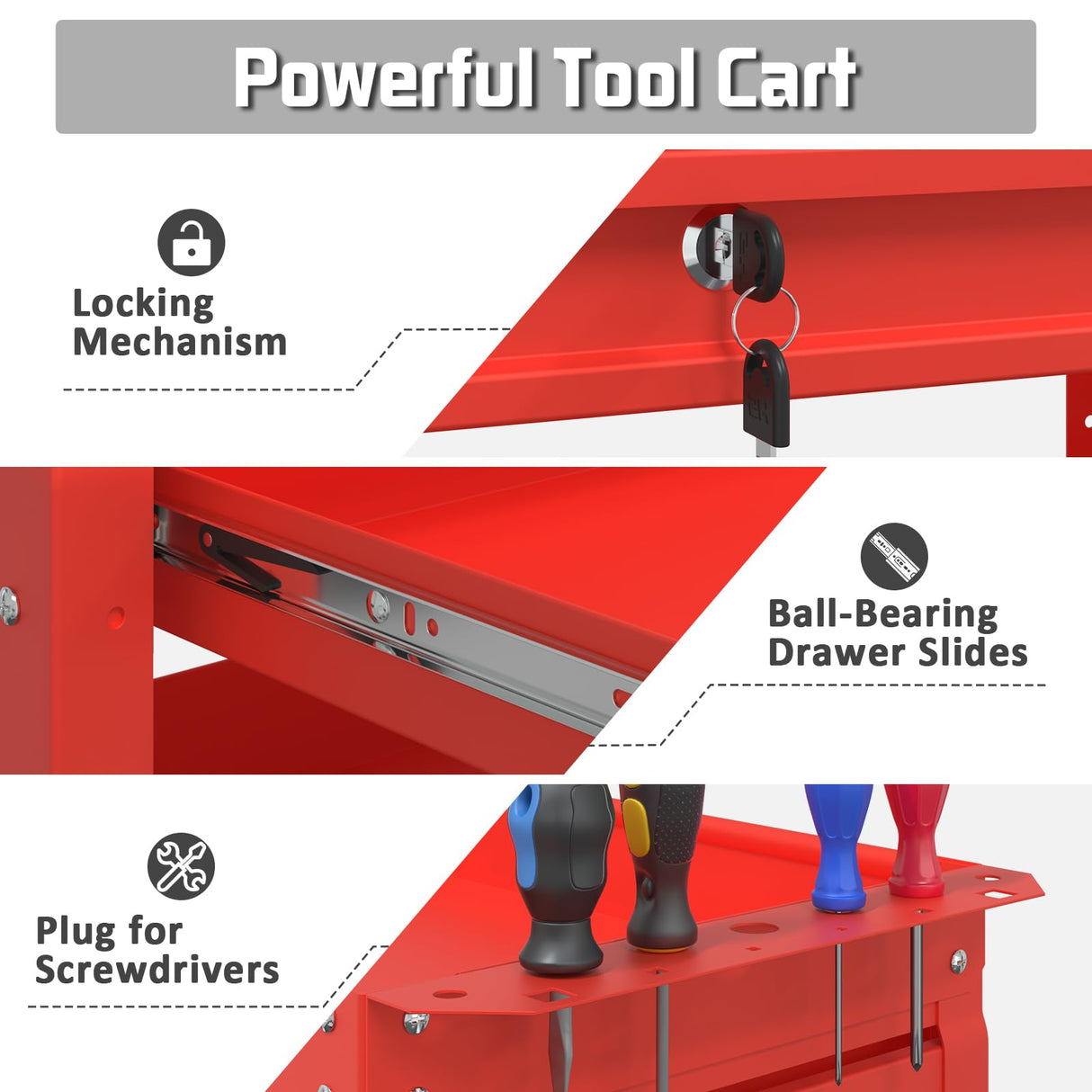 Pelnuies 3 Tray Tool Cart with Drawers, 400 LBS Capacity Rolling Tool Cart on Wheels, Heavy Duty Utility Cart with Pegboard, Mechanic Tool Storage Cart for Garage, Warehouse and Repair Shop, Red Pelnuies