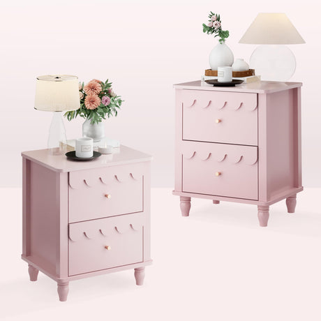 Pink Nightstand Set of 2 with 2 Drawers, Modern Night Stand Set 2 with Petal Pattern for Bedroom, Side End Table Scalloped Bedside Night Tables with Solid Wood Legs Anbuy