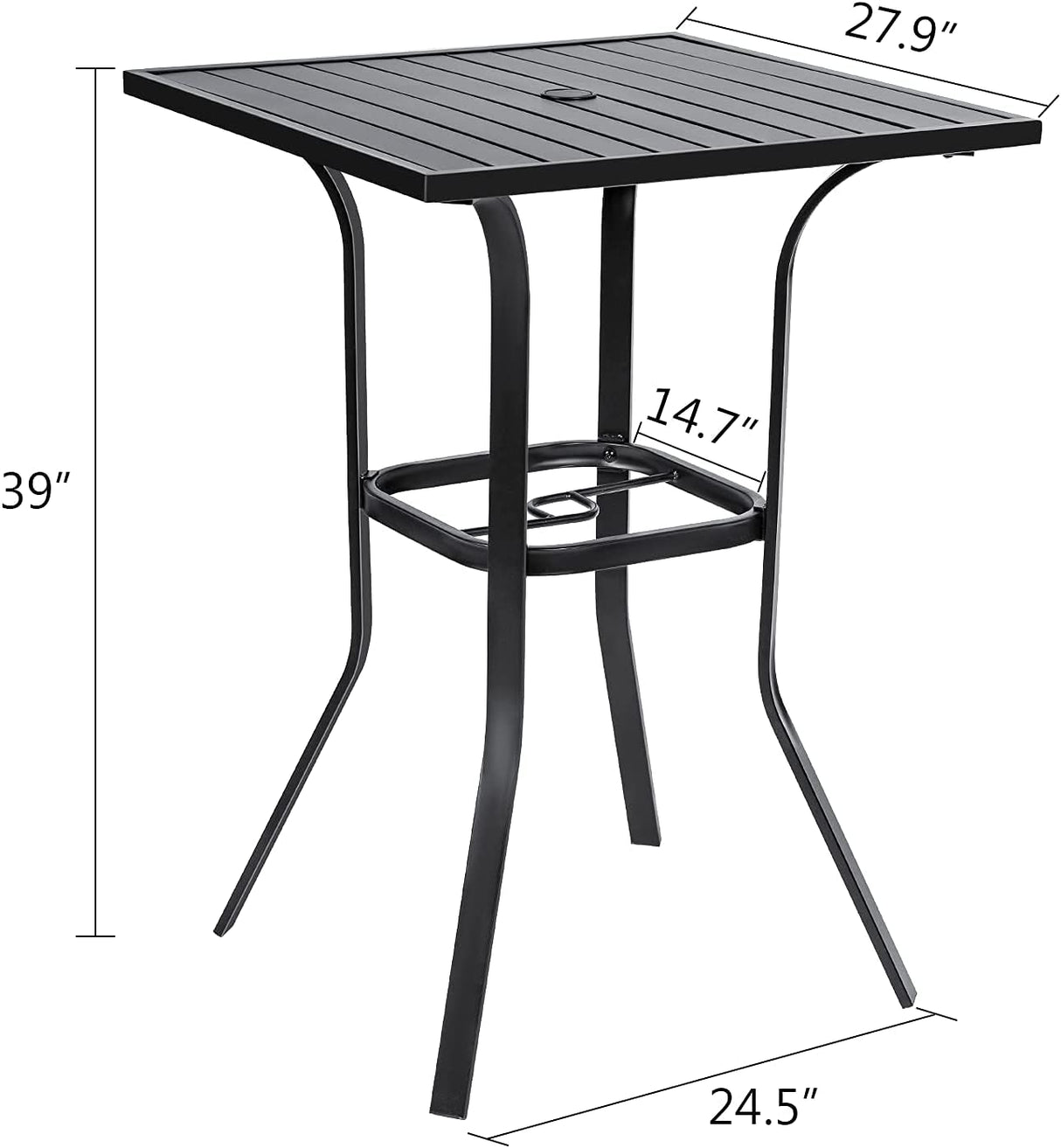 Omelaza Patio Height Bar Table, Outdoor Bistro Square High Top Dining Table with 1.57'' Umbrella Hole & Steel Slat Table Top (Black) Omelaza