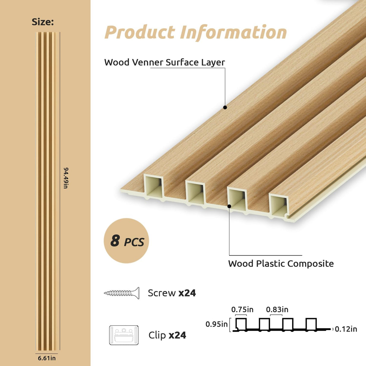 WPC Slat Wall Paneling, Modern Accent 3D Wall Panels, 8-Piece 94.5" x 6.6" TV Wall Panel, Bedroom, Living Room, Oak Carlo Schdoo