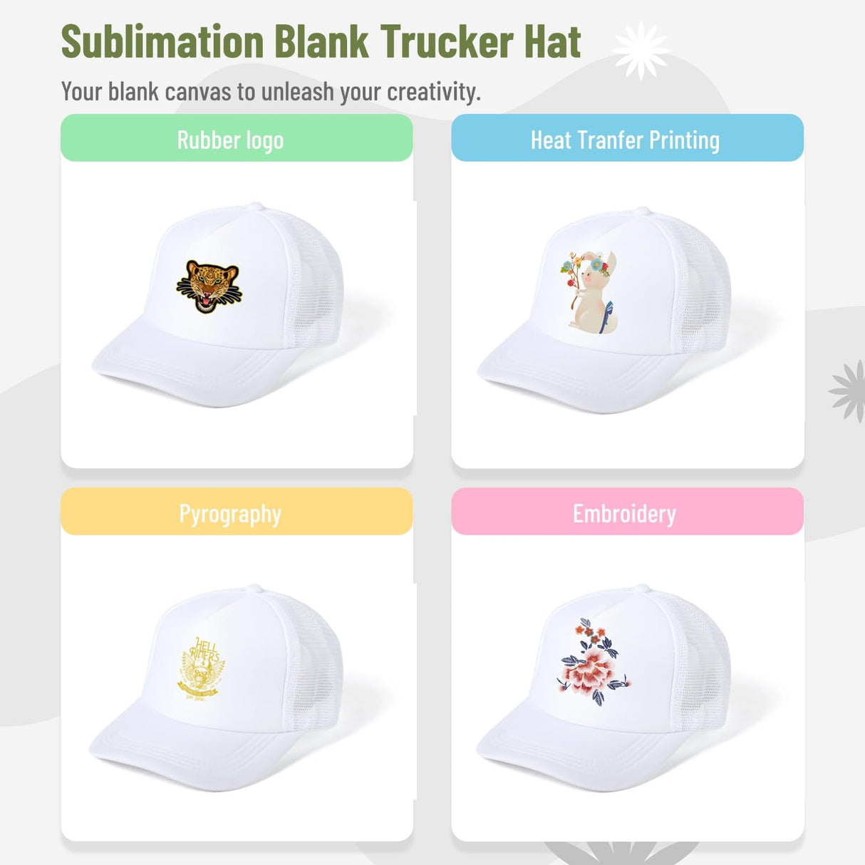 10 PCS Sublimation Blank Trucker Hats Plain Blank Baseball Caps Adjustable Back Strap Unisex Blank Mesh Caps Men Women DIY (Cotton, White) Lnrueg
