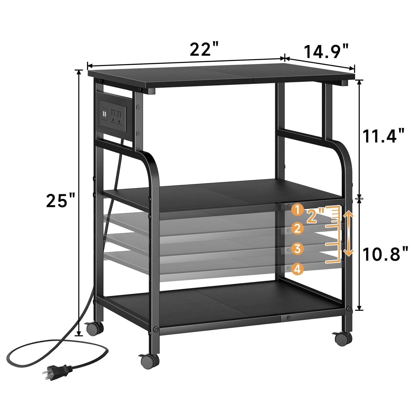 YAOHUOO 3 Tier Large Printer Stand with Power Outlet/USB Port, Rolling Printer Cart with Adjustable Storage Shelf, Printer Table Stand for 3D Printer/Heat Press/Laster Printer(Black) - WoodArtSupply