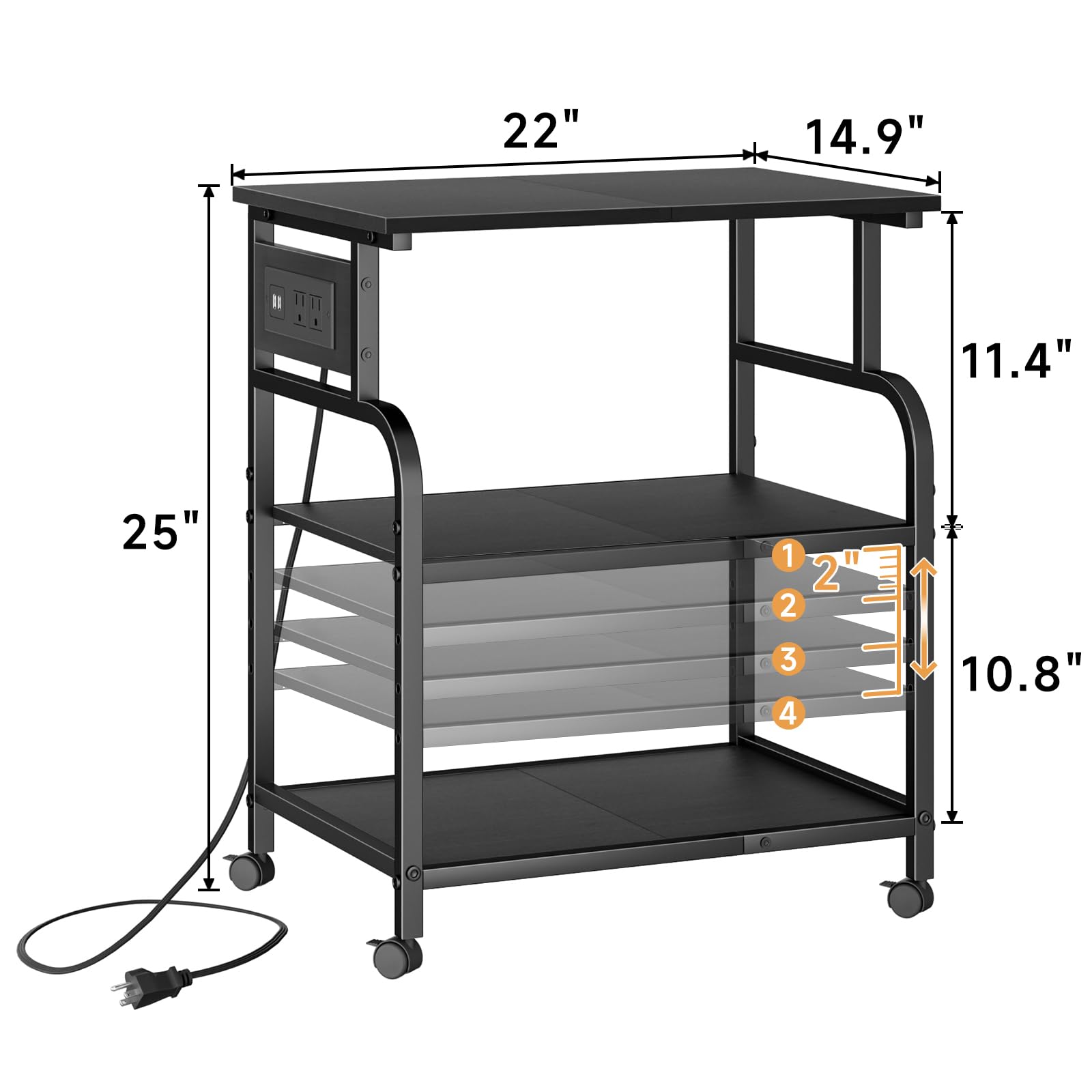 YAOHUOO 3 Tier Large Printer Stand with Power Outlet/USB Port, Rolling Printer Cart with Adjustable Storage Shelf, Printer Table Stand for 3D Printer/Heat Press/Laster Printer(Black) - WoodArtSupply