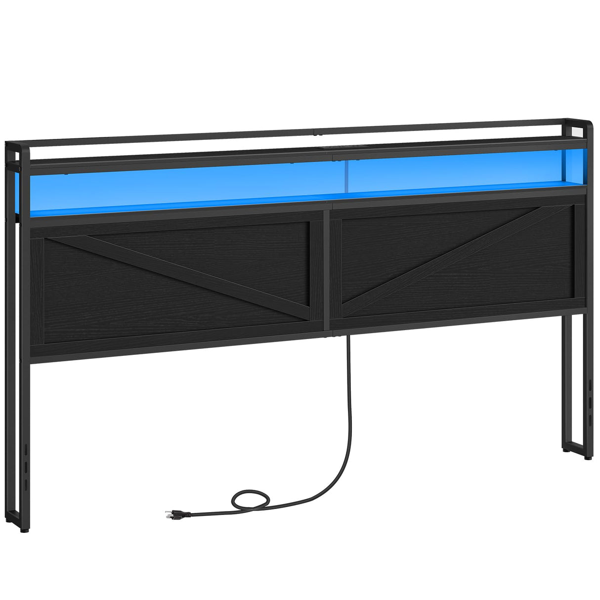 HOOBRO King Size Headboard, Headboard with Charging Station and LED Light Strip, 2-Tier Storage Headboard with Outlets and USB Ports, Industrial Style, Height Adjustable, for King Size Beds, Black HOOBRO