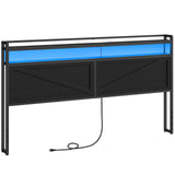 HOOBRO King Size Headboard, Headboard with Charging Station and LED Light Strip, 2-Tier Storage Headboard with Outlets and USB Ports, Industrial Style, Height Adjustable, for King Size Beds, Black HOOBRO