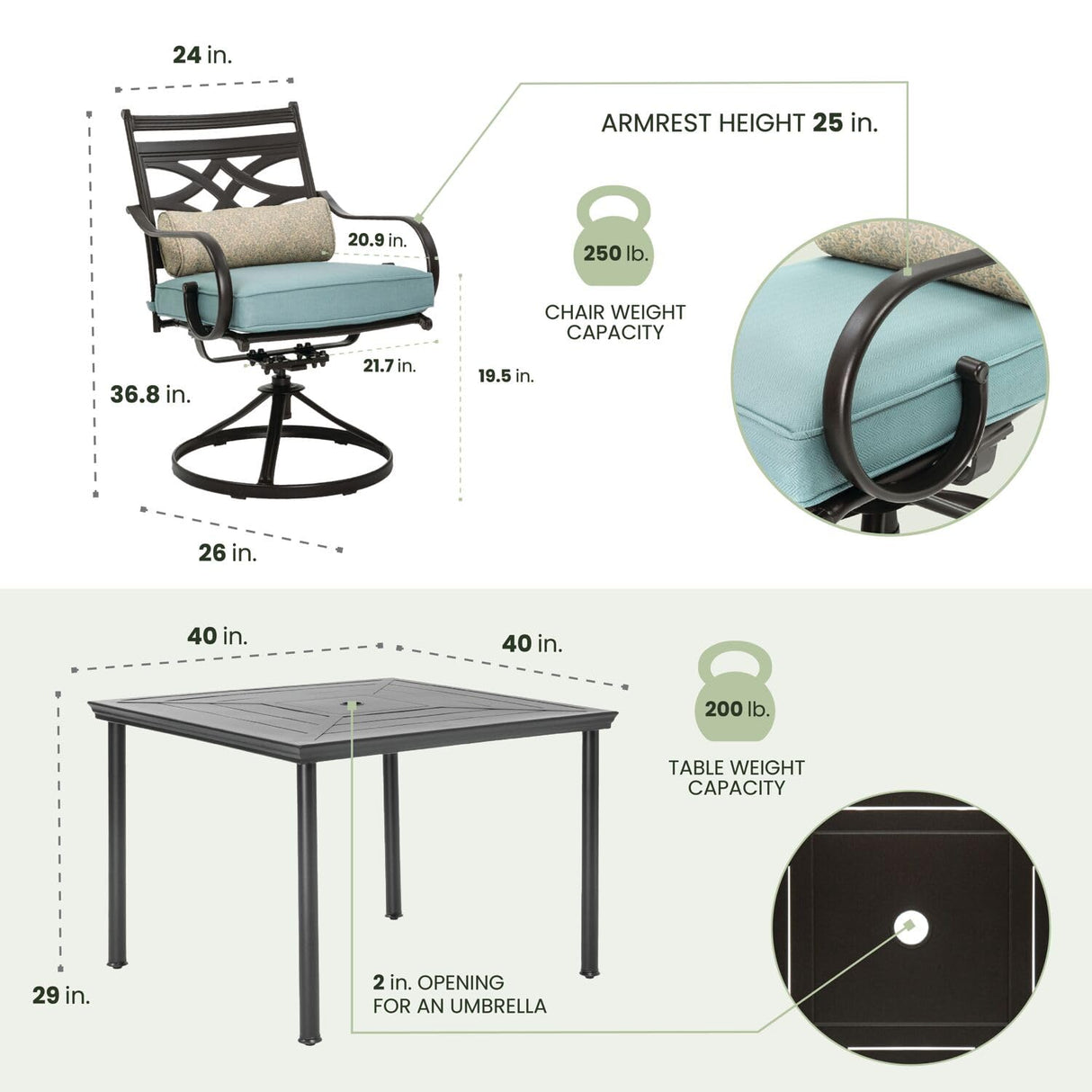 Hanover Montclair 5-Piece Outdoor Dining Set with Stamped Steel Square Dining Table and 4 Swivel Rocker Chairs with Cushions, Weather-Resistant Patio Dining Set for 4, Patio, Backyard, Deck Hanover