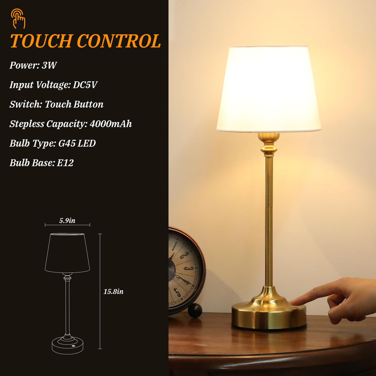Cordless Table Lamp Rechargeable Gold - 1 Pack Brass 4000mAH Battery Operated Lamp for Decor, 3000K Stepless Dimming Touch Control Wireless Lamp for Bedroom, Dining Table, Counter, Living Room Kakanuo