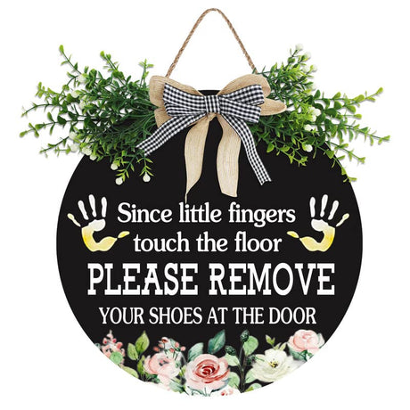 Leave Your Shoes at The Door Since Little Fingers Touch Our Floor Signs Wooden Sign Buffalo Plaid Bow Shoes Close Sign for All Seasons Farmhouse Home Front Porch Door Decor 12" Aowotu