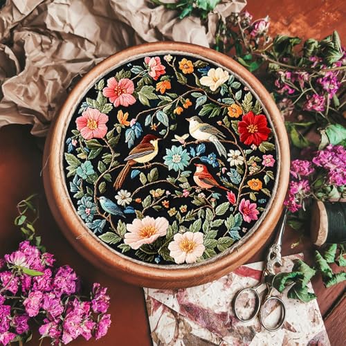 FONNUY Embroidery Kit for Beginners, Birds with Flowers Pre-Stamped Pattern Kits for Adults with Hoop, Easy to Follow Color Thread Needlework, 8'' Hoop (Blue)