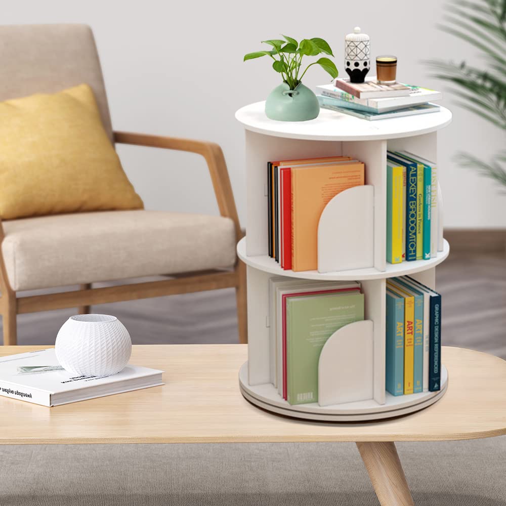 Bacacoo 2-Tier 360° Rotating Bookshelf - Stylish White Freestanding Storage Organizer - WoodArtSupply