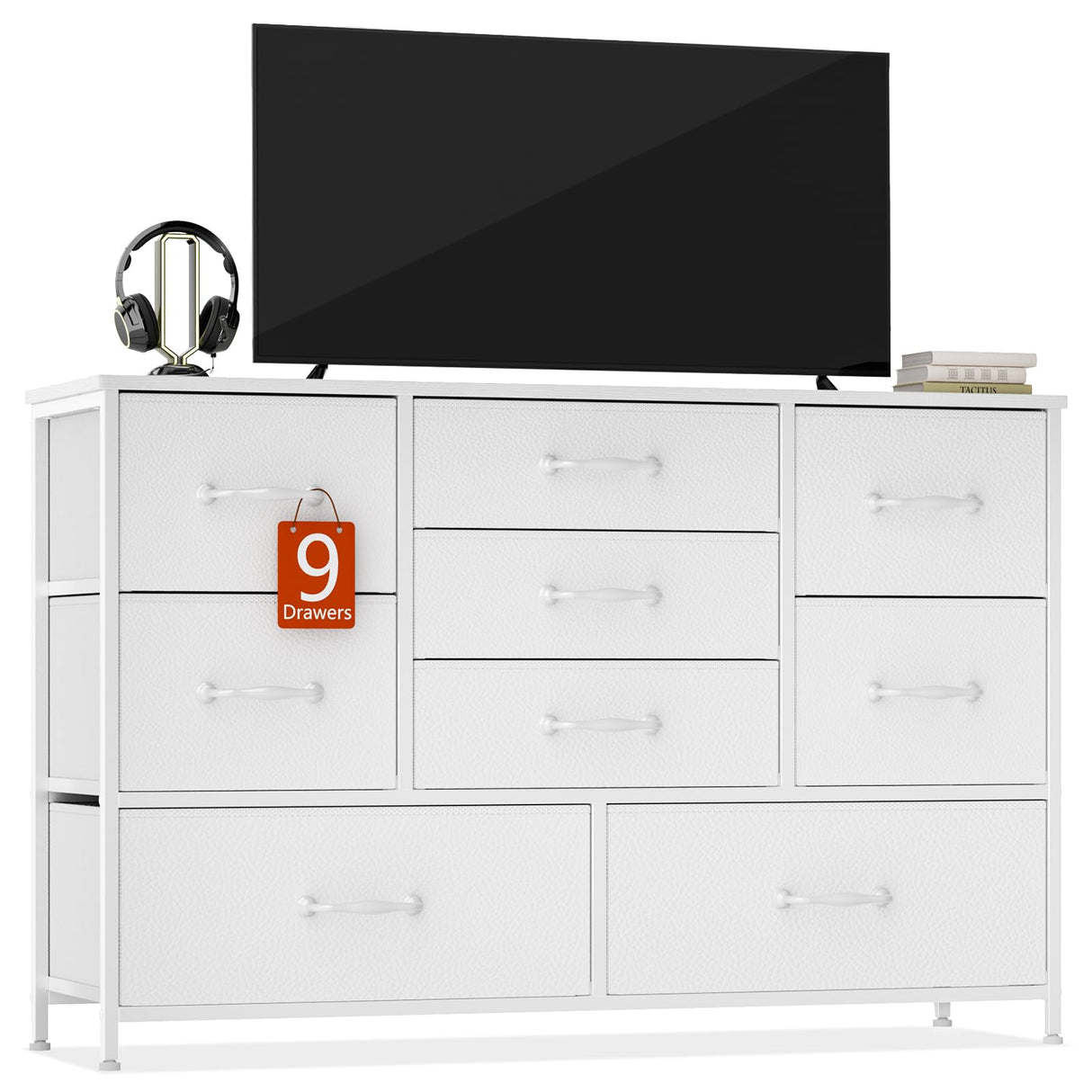 Furnulem White Dresser with 9 Large Drawers for 55'' Long TV Stand Entertainment Center, Wide Wood Shelf Storage for Bedroom,Living Room,Closet,Entryway,Sturdy Metal Frame Furnulem