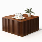 Fluted Square Coffee Table with Storage Large Wood Center Table with Solid Wood Veneer Top Mid Century Modern Low Coffee Table for Living Room, Rustic Brown HOKYHOKY