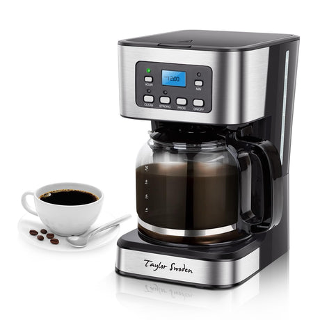 Taylor Swoden 12-Cup Programmable Coffee Maker, Regular & Strong Brew Drip Coffee Machine for Home and Office, Glass Carafe, Pause & Serve, Auto Shut Off, Black & Stainless Steel Taylor Swoden