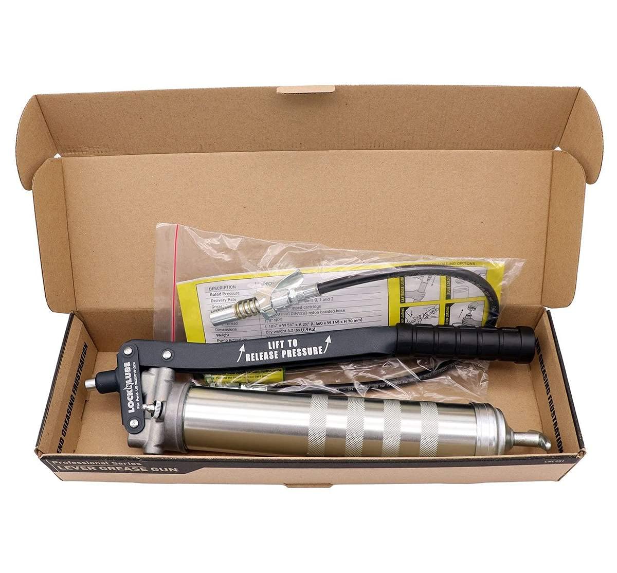 LockNLube Professional Series Lever Grease Gun. Includes Our Patented Grease Coupler (Locks on, Stays on, Won't Leak!) Plus a 20" Hose and in-line Hose Swivel. LockNLube