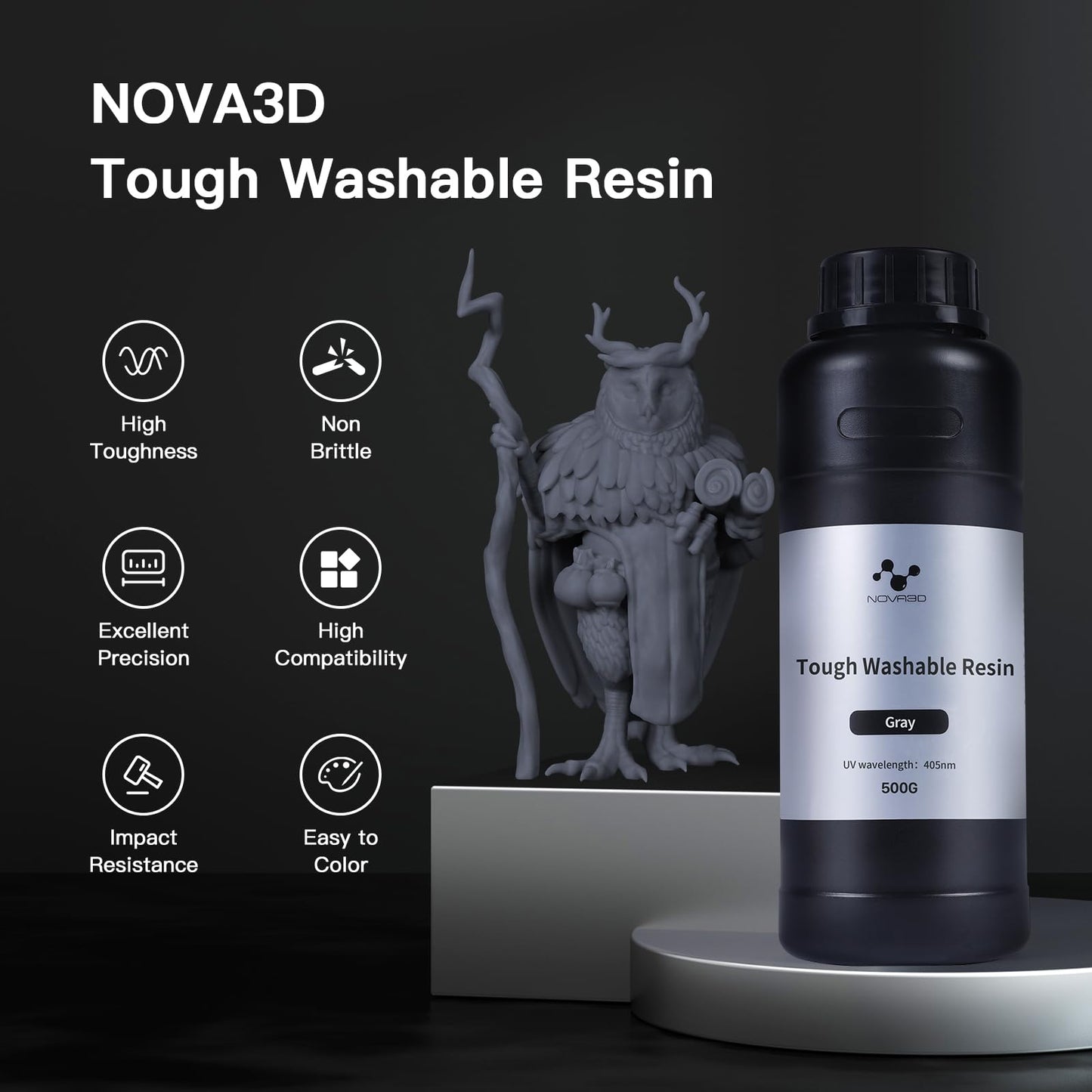 NOVA3D Water Washable 3D Printer Resin, High Toughness 3D Printing Photopolymer Resin, High Precision 405nm UV Fast Curing 3D Resin for LCD/DLP/SLA Resin 3D Printers, Low Odor(Gray, 500g)