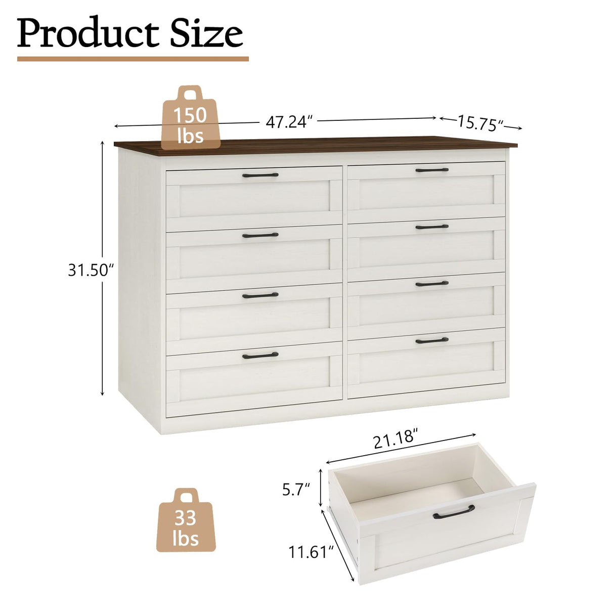 Vikiullf 8 Drawer Dresser - Farmhouse Dresser for Bedroom, Wooden Chest of Drawers, Storage Drawers for Bedroom, Living Room, Hallway, Entryway Organizer, Rust Oak White Vikiullf