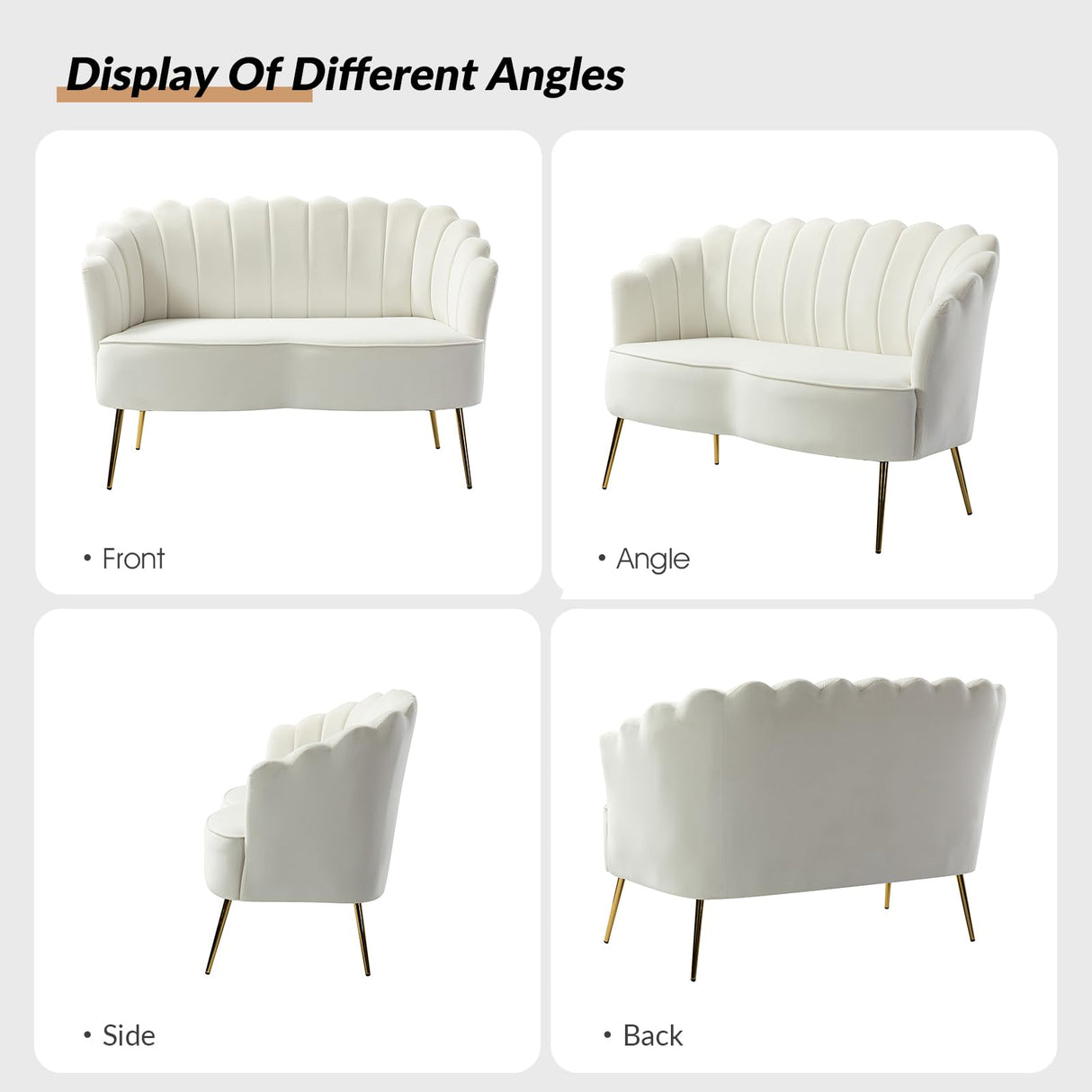 HULALA HOME Modern Velvet Loveseat Sofa with Flower Shaped Back, Comfy Upholstered 2-Seater Sofa with Gold Metal Legs, Small Love Seat Accent Couch for Living Bedroom Leisure Areas, Ivory HULALA HOME