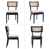 QUINJAY Rattan Farmhouse Dining Chairs Set of 4, Linen French Country Dining Chairs with Hollow Back, Double Upholstered Dining Room Chairs Rustic Kitchen Chairs with Wood Frame for Living Room, Black QUINJAY