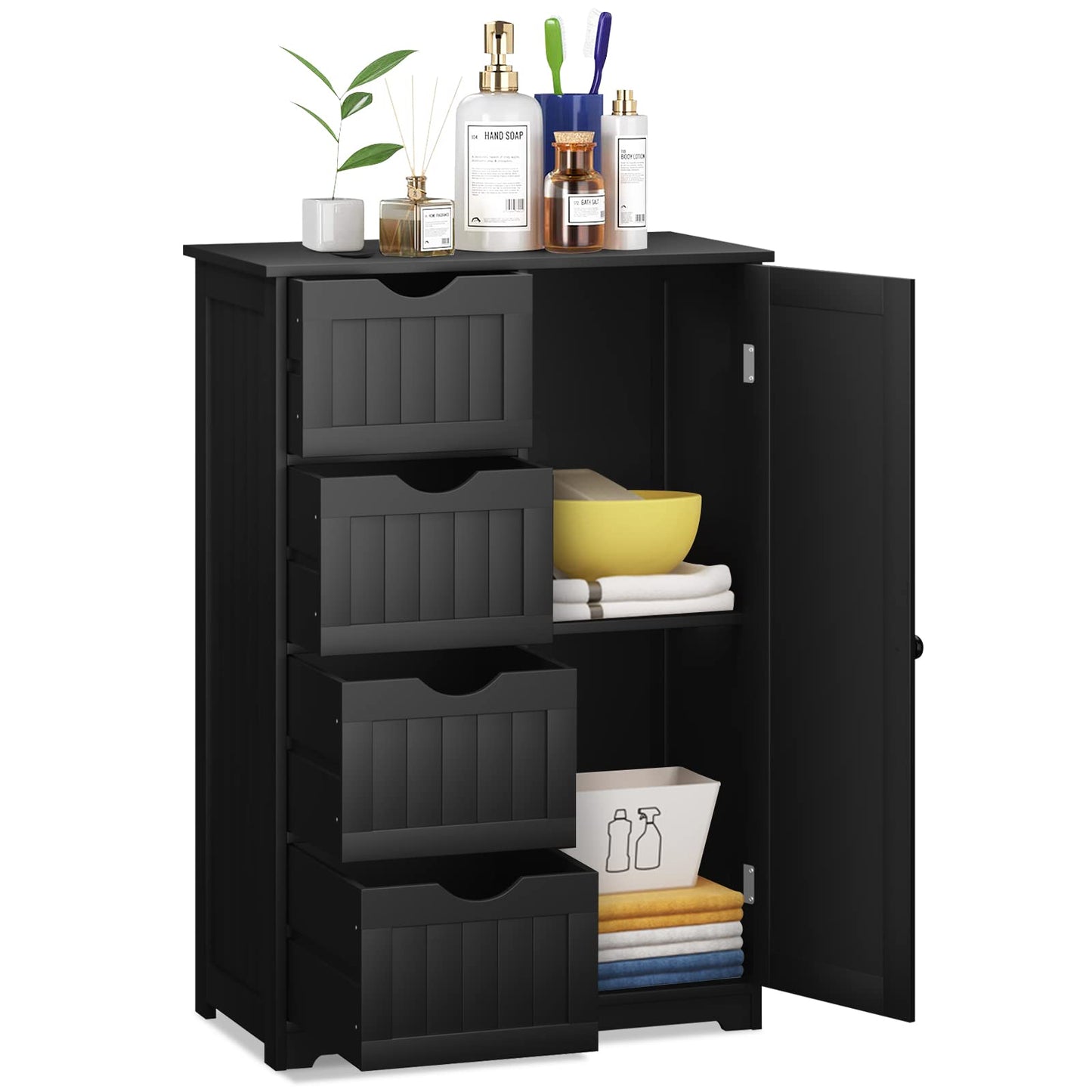 Tangkula Bathroom Floor Cabinet, Freestanding Storage Cabinet with 4 Drawers & Single Door, Adjustable Shelf, Multipurpose Bathroom Storage for Home Office, 22 x 12 x 32 Inches (Black) - WoodArtSupply